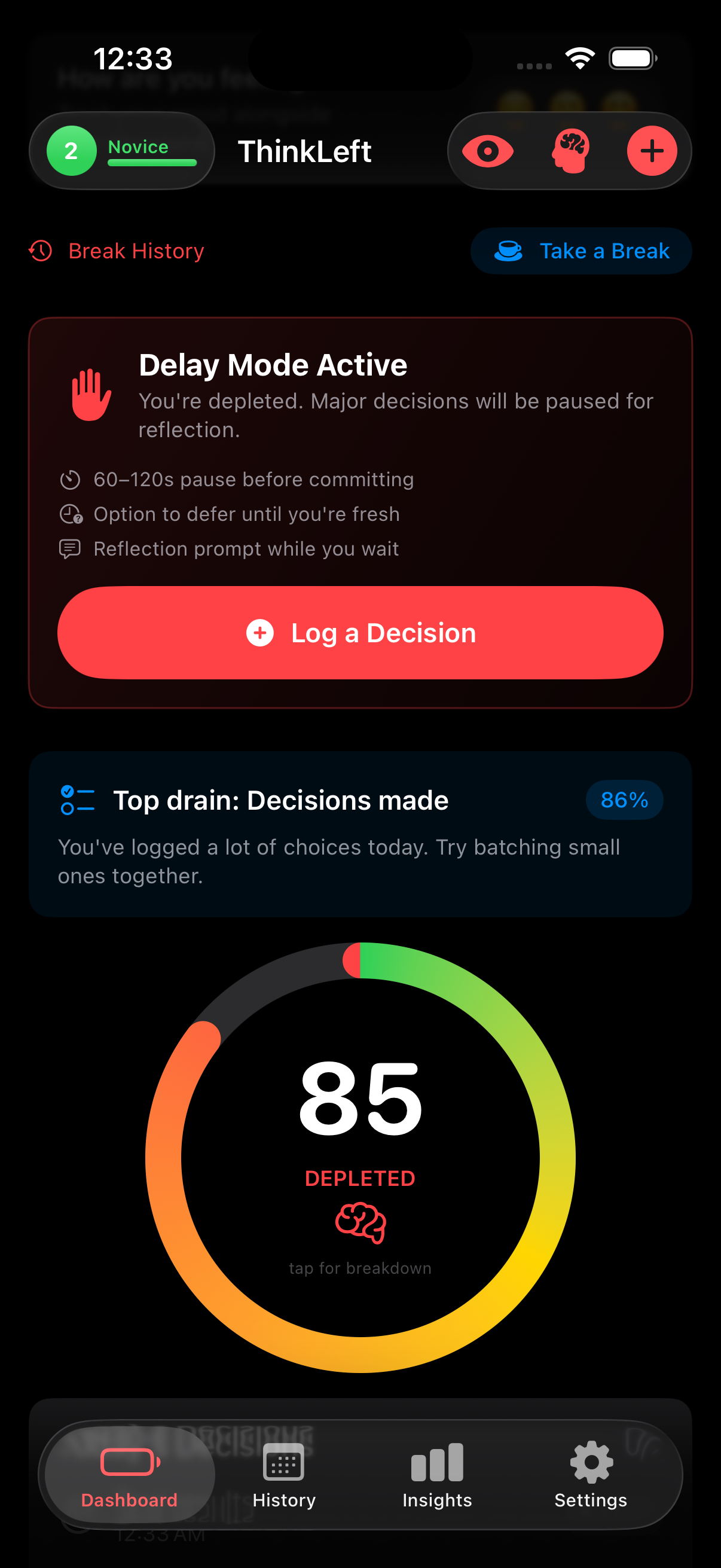Delay Mode 60-second countdown screen